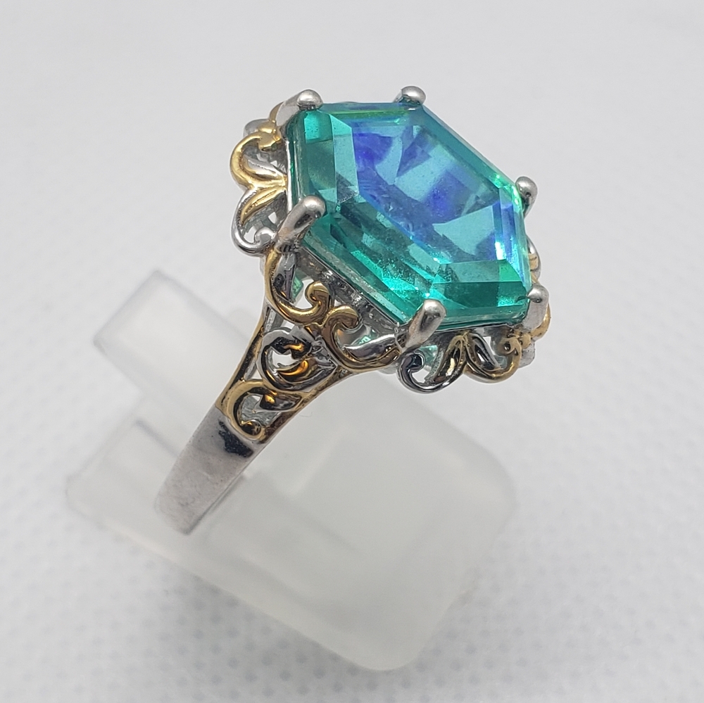 Peacock Quartz Hexagon Ring in Vermeil YG and Platinum Over Sterling Silver - Picture 3 of 11